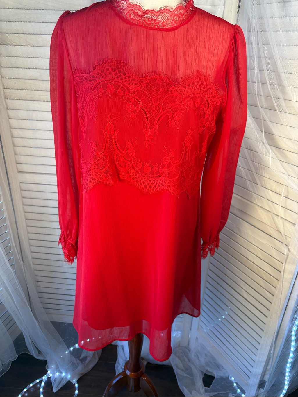 Xhilaration Red Long Sleeve Lace-Trim Chiffon Dress
